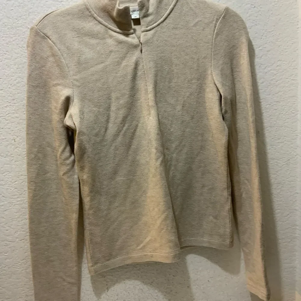 Vince Womens Sweater S Beige Stretch Mock Neck 1/4 Zip Neutral - Picture 2 of 7